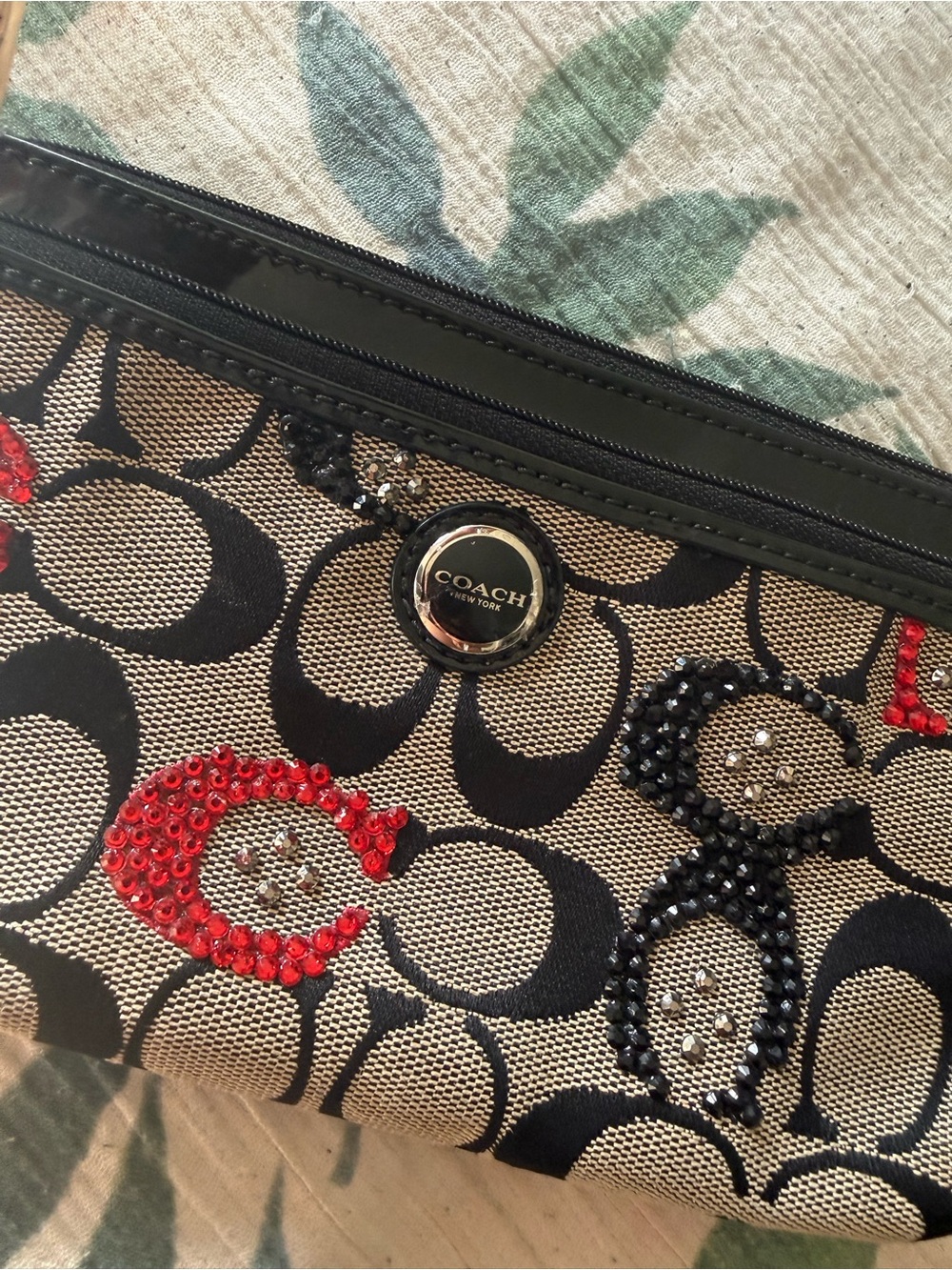 Coach Signature Sequin Zip Wristlet - Black, Red, Tan